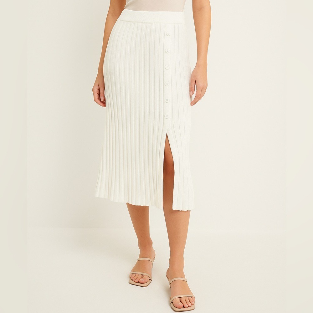 Knit Ribbed Midi Skirt White Button Detail Cotton Blend Casual Chic Size Medium